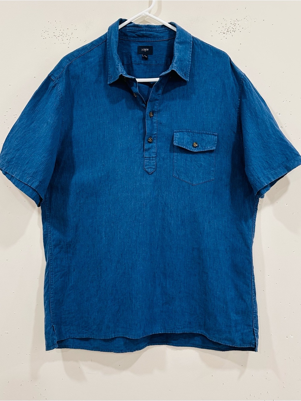 J. Crew Mens Popover Shirt XL Blue Linen Cotton Blend Short Sleeve Utility